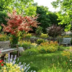 Jardin bohème naturel avec plantes, fleurs et décoration rustique