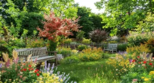 Jardin bohème naturel avec plantes, fleurs et décoration rustique