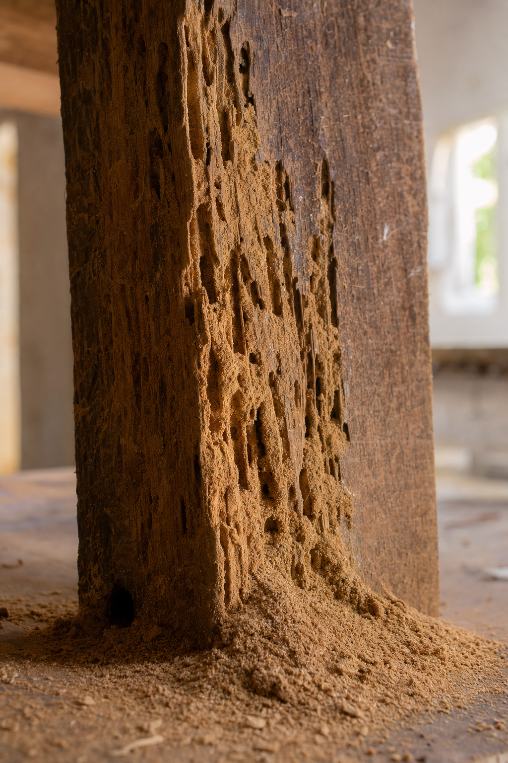 Gros plan sur une poutre en bois attaquée par des termites, galeries visibles et sciure fine