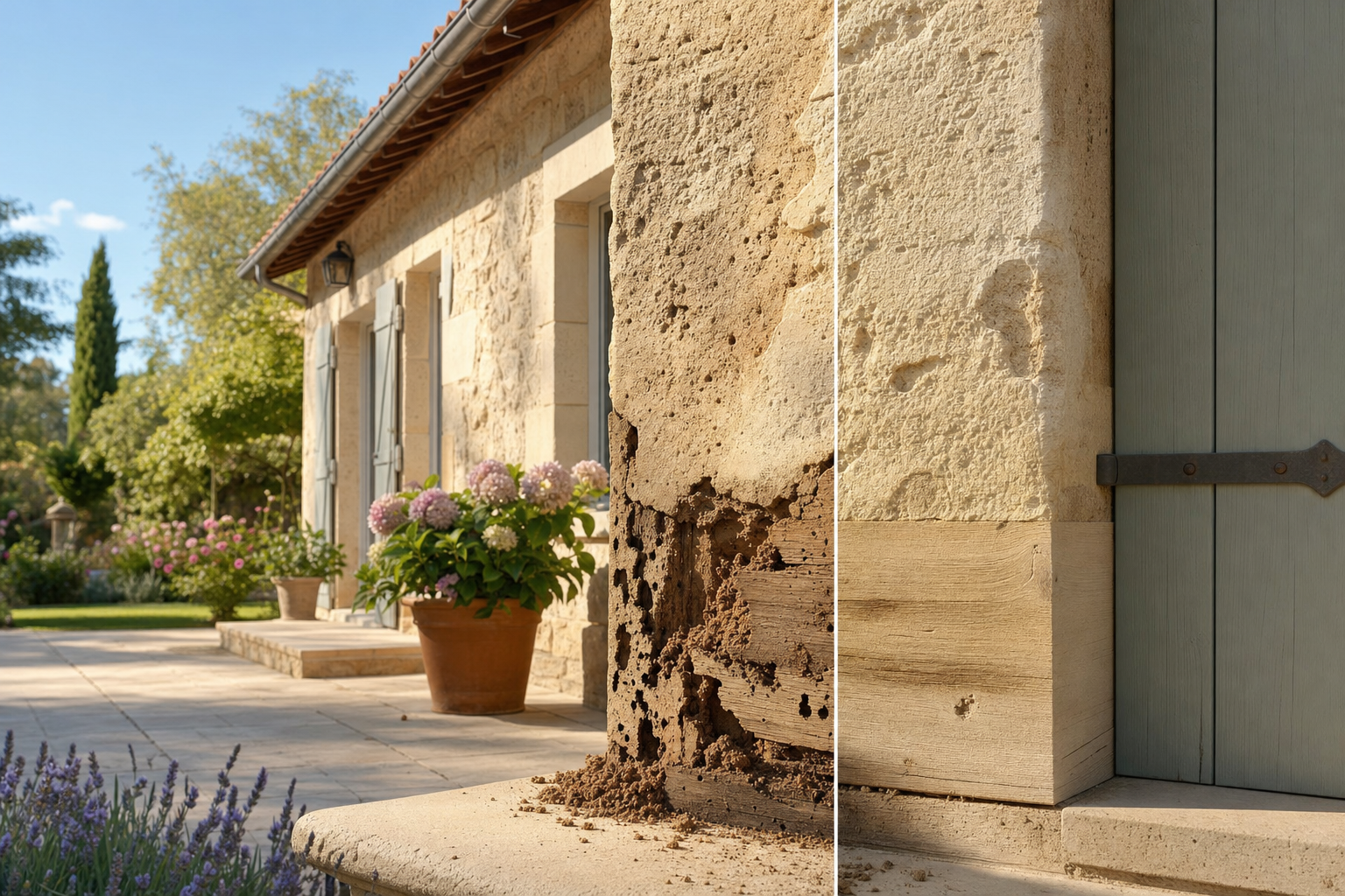 Façade d’une maison en pierre du Sud-Ouest abîmée par des termites, jardin fleuri en arrière-plan, ambiance lumineuse et chaleureuse