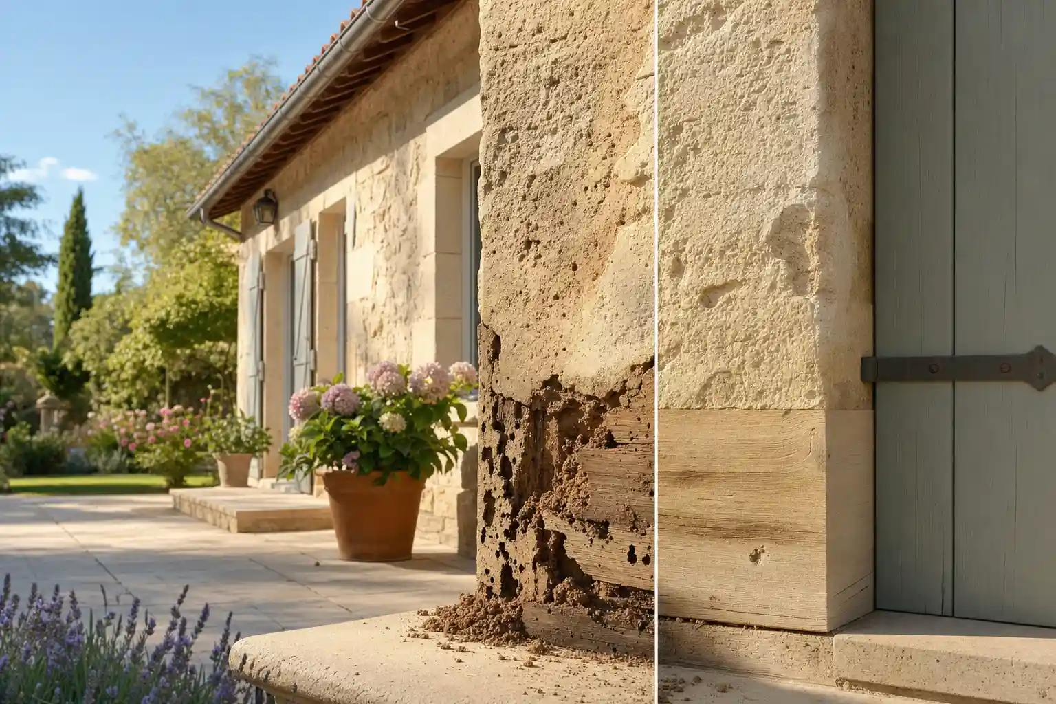 Où en est la propagation des termites qui détruisent nos belles maisons dans le Sud-Ouest ? Bilan et perspectives 2026 1 Façade d’une maison en pierre du Sud-Ouest abîmée par des termites, jardin fleuri en arrière-plan, ambiance lumineuse et chaleureuse