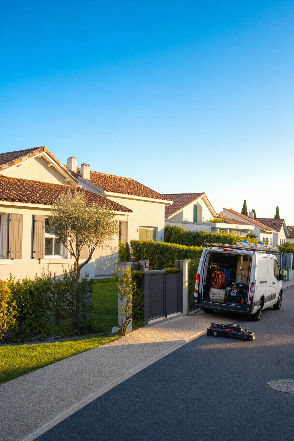 Quartier résidentiel du Sud-Ouest avec camionnette de traitement des termites devant une maison, ambiance lumineuse et naturelle