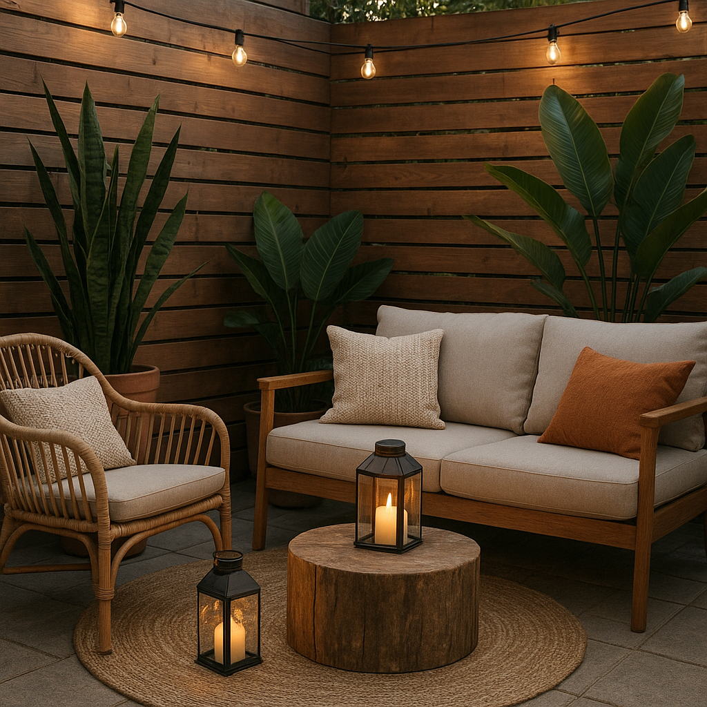 Ambiance chaleureuse d’une terrasse moderne avec plantes et éclairage