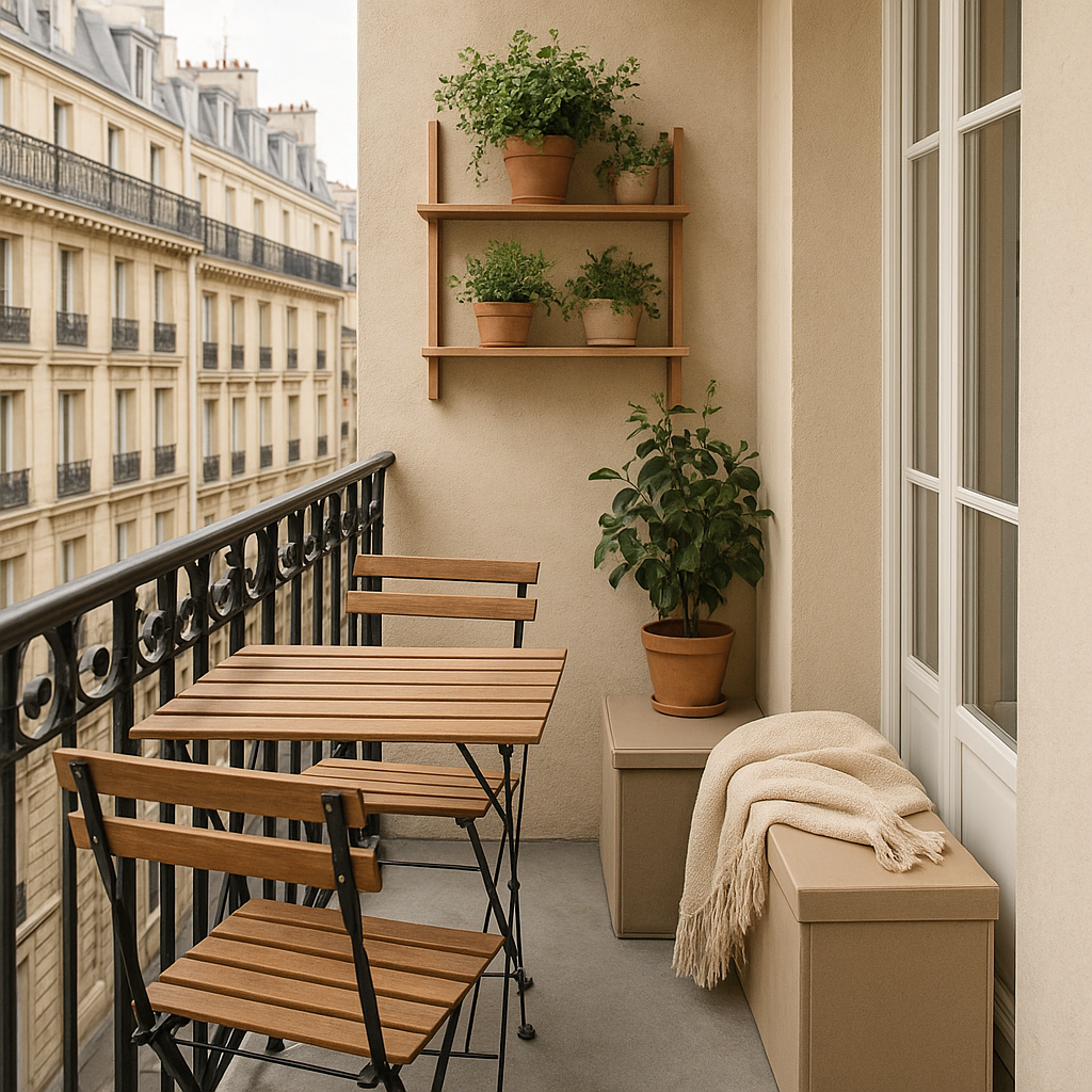 Balcon étroit aménagé avec mobilier pliant et rangement compact