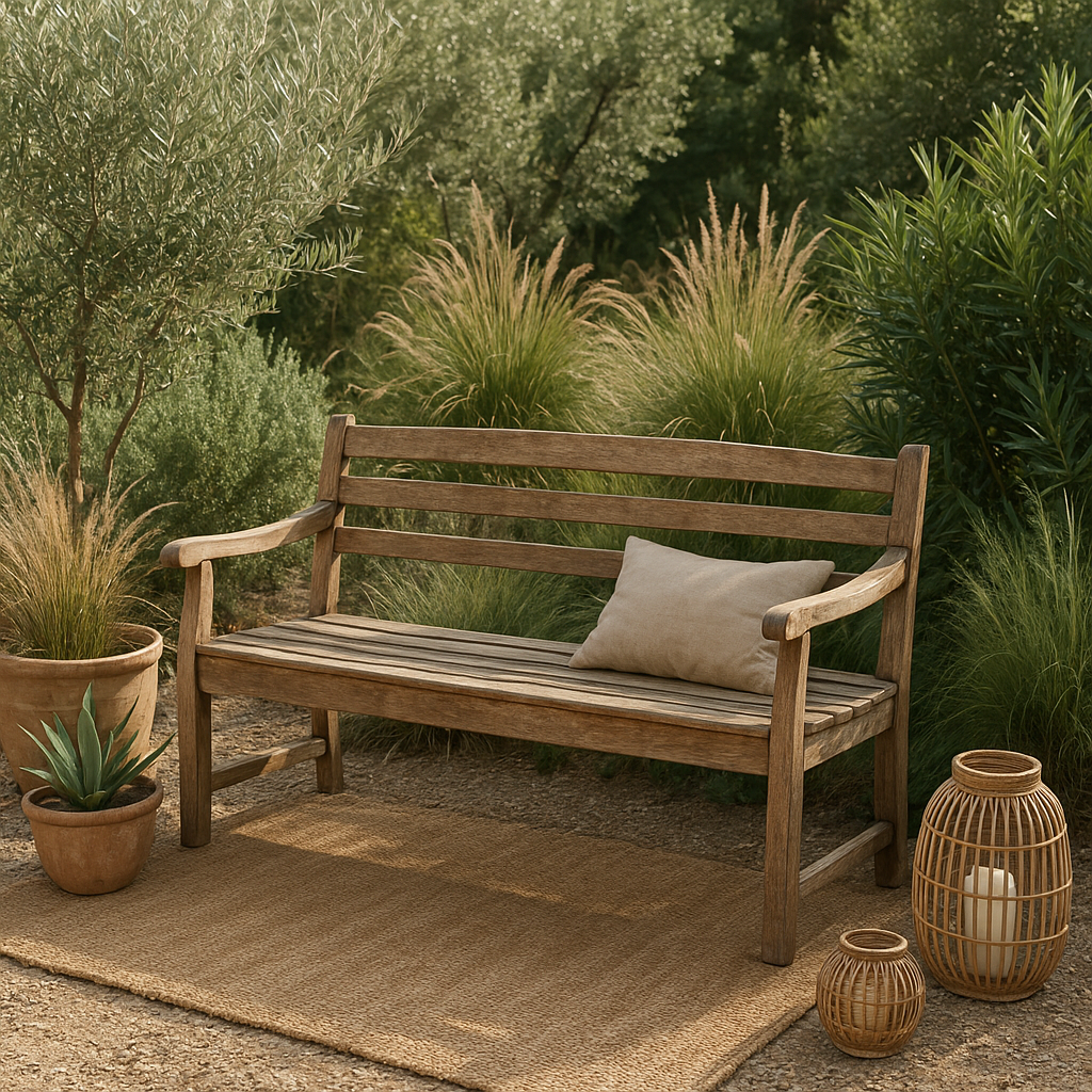 Coin détente en jardin bohème naturel avec bois, rotin et plantes