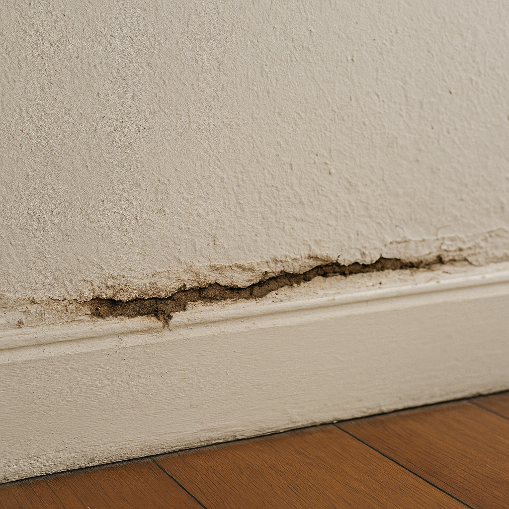 Cordon de boue ou tunnel de termites sur un mur intérieur