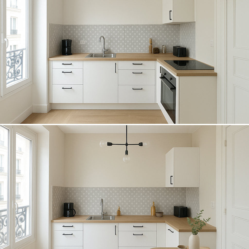 Cuisine moderne relookée avec des accessoires simples et des rangements optimisés