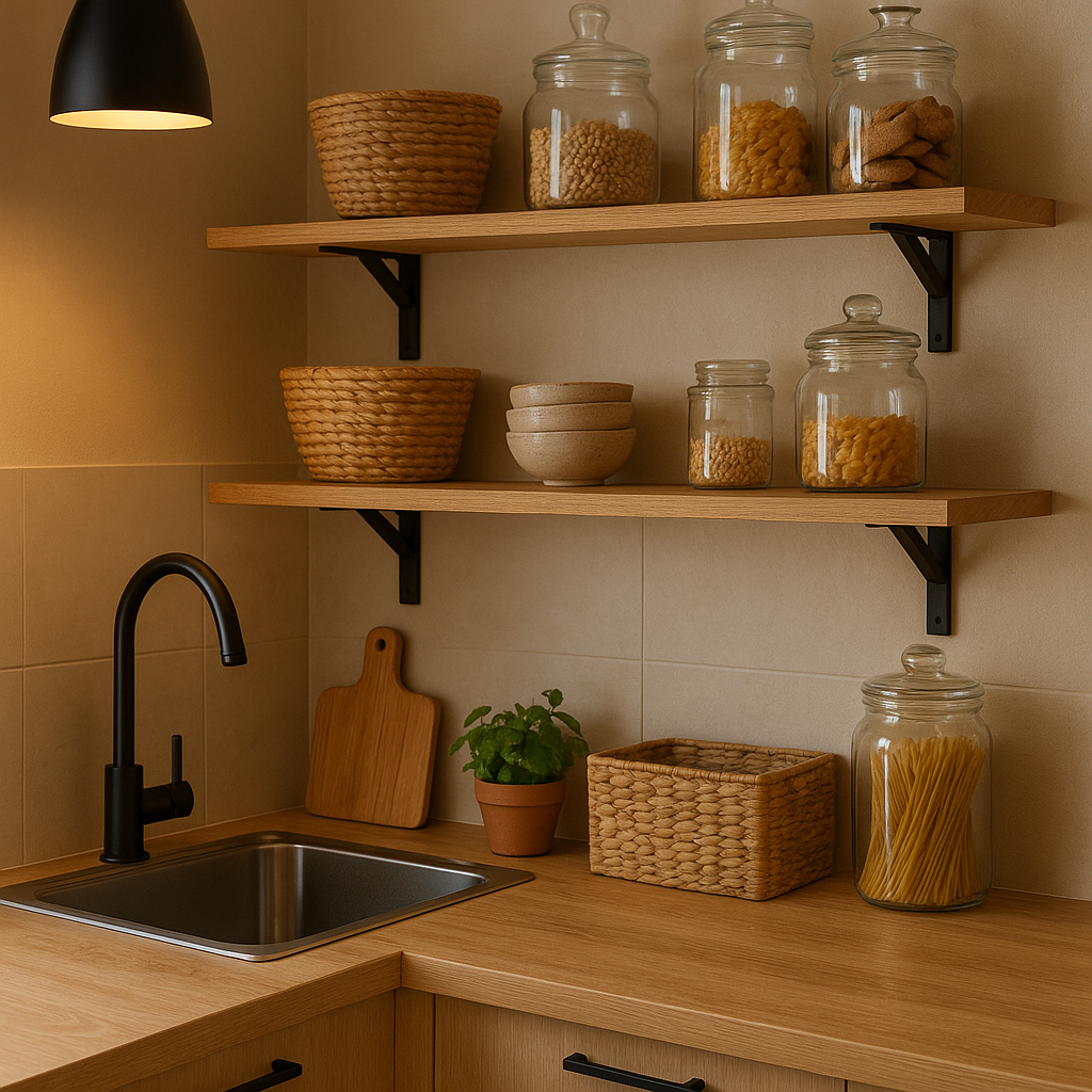 Détails de rangement et de décoration dans une cuisine moderne et fonctionnelle