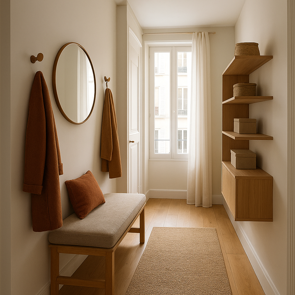 Entrée petite surface aménagée avec banc compact, miroir et rangements fins
