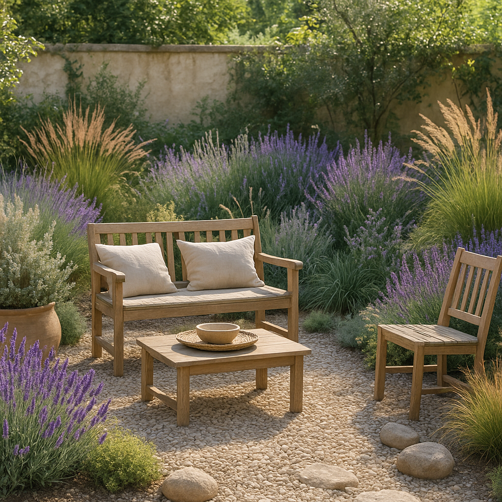 Massif de plantes pour jardin bohème naturel avec matières brutes