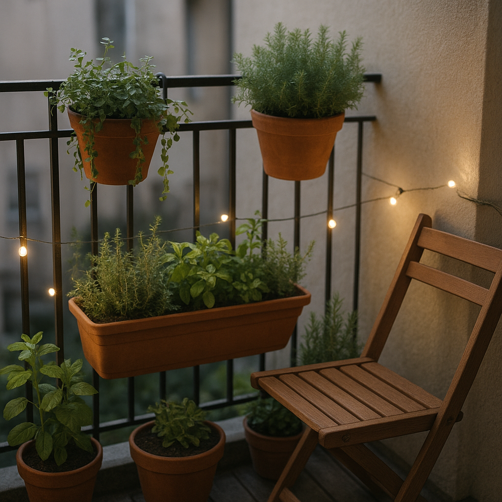 Mini balcon végétalisé avec plantes et lumière douce
