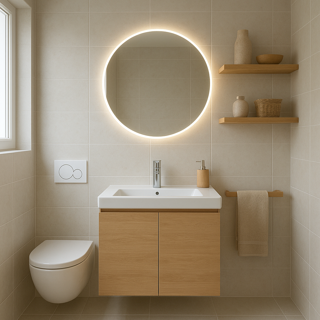 Petite salle de bain lumineuse avec miroir et rangements muraux