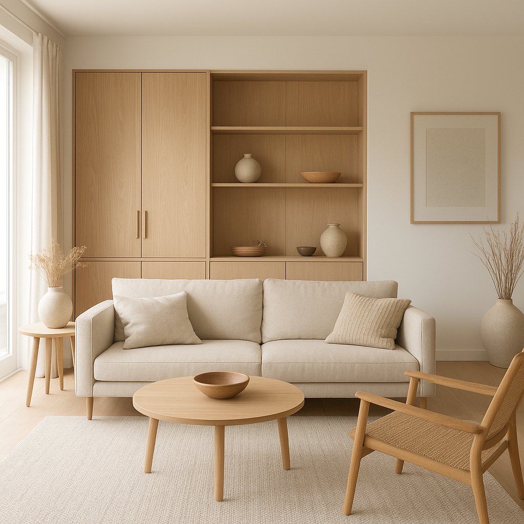 Salon Japandi lumineux avec matières naturelles et décoration épurée