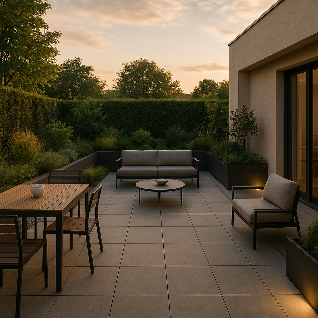 Terrasse moderne organisée en zones repas et détente