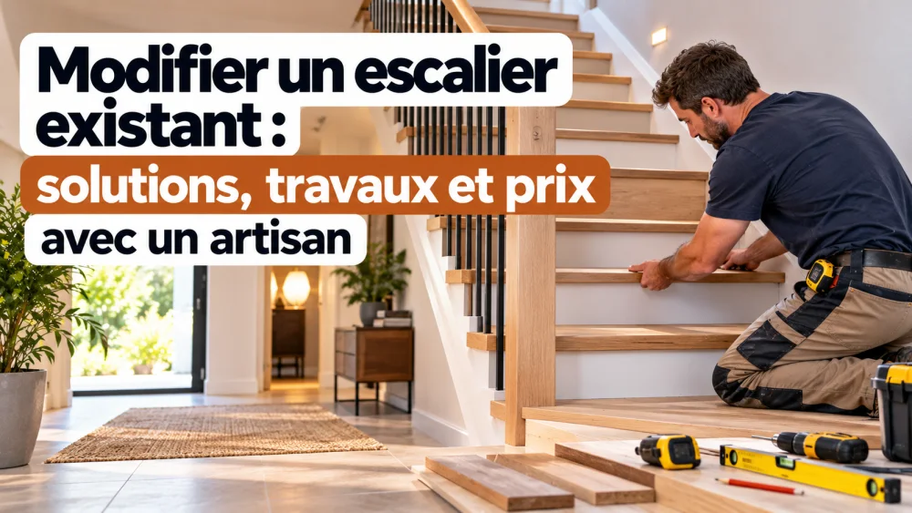 Homme au t-shirt bleu et pantalon beige sur des marches en bois d'un escalier interieur, outils au sol et lampe en arriere-plan.