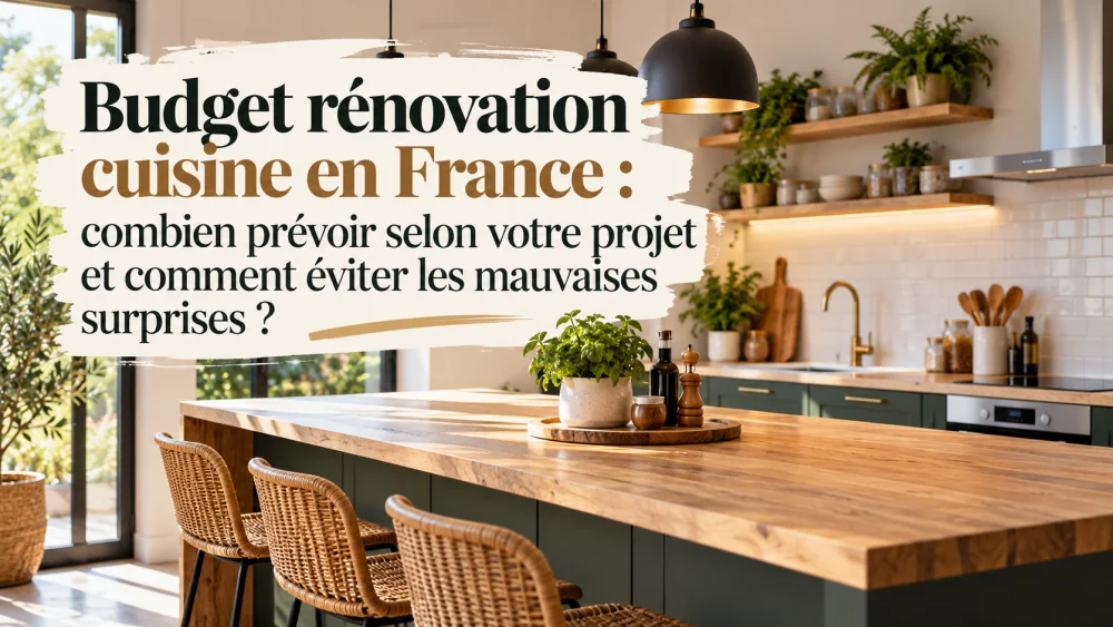 Cuisine moderne avec ilot en bois et plan de travail, étagères bois et plantes, four et évier, grand panneau blanc avec texte à gauche.