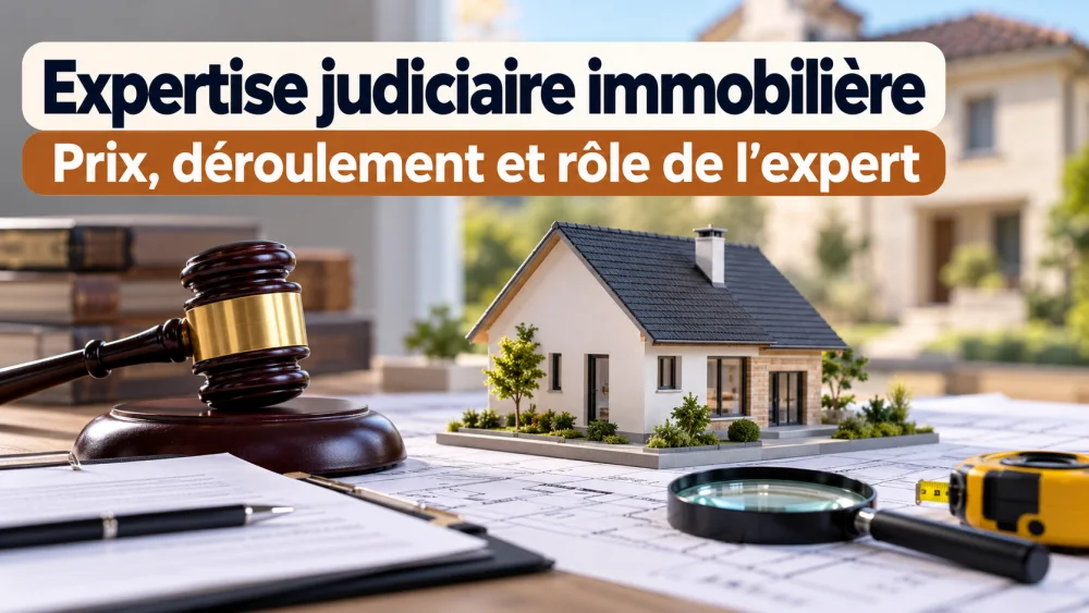 un maillet en bois devant une maquette de maison posée sur plans, avec loupe et livres a gauche