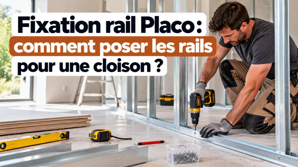 Homme en t-shirt sombre agenouillé pose des rails metalliques sur une cloison en construction, outils et planches autour.