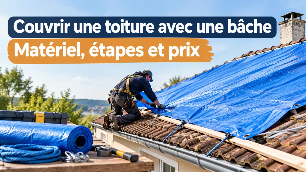 ouvrier en harnais noir et casque gris accroupi sur une toiture en tuiles bleues, fixant une grande bâche bleue avec cordages, outils visibles