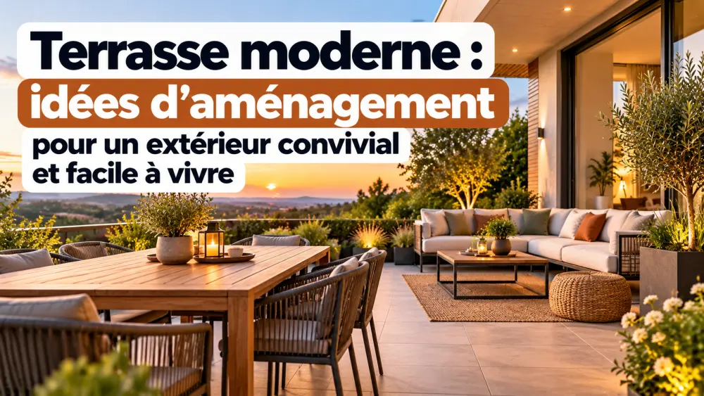 Terrasse extérieure moderne avec table en bois et canapé, au coucher du soleil; texte blanc et orange sur la gauche.